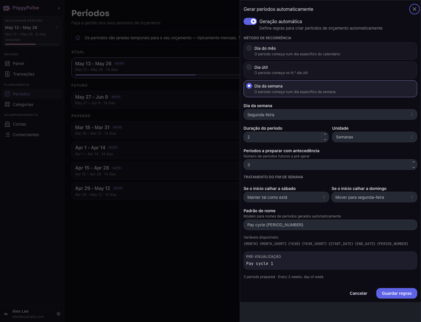 Prévia do PiggyPulse para este fluxo de orçamento
